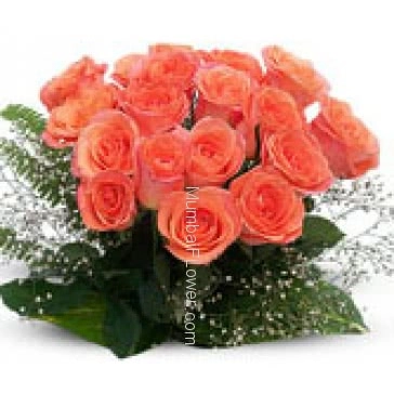 A warm sunset like Bunch of 24 Orange Roses nicely decorated with Green Fillers and Ribbons