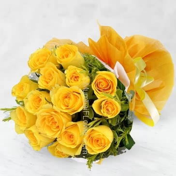 Yellow roses are always symbol of honesty and friendship
Bunch of 15 Yellow Roses nicely decorated with fillers and Ribbons.