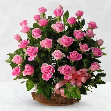 Basket of 24 Pink Roses with ribbons are as natural and pure as your love for your loved one.