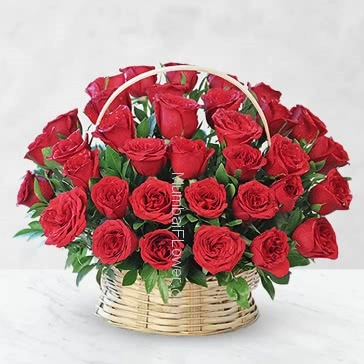 perfect for valentine day or your loved ones Birthday, Basket of 50 Red Roses for your loved ones nicely decorated with Ribbons.