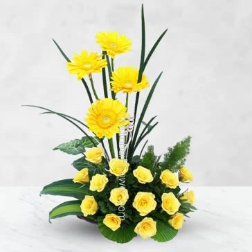 A unique a  WOW Arrangement of 20 Yellow Roses and 4 Yellow Gerberas for any occasion or for the who deserve this beauty.