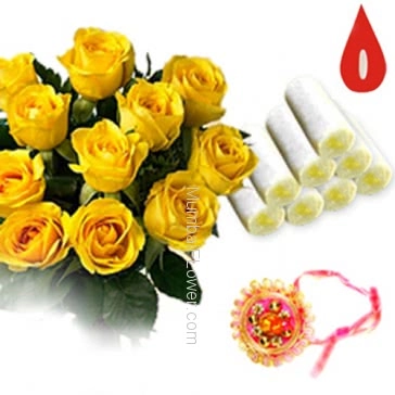 Bunch of 10 Yellow Roses and 250 gm. Kaju Roll wtih 1 pc. Rakhi. Please note : Rakhi Design / Basket / Boxes /  Container may be replaced in case of unavailability/out of stock.