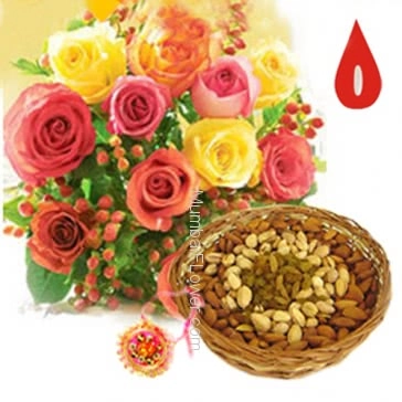 Bunch Of 12 Mixed Color Roses and Pack of 250 gm. Mixed Dry Fruits with 1 pc. Rakhi. Please note : Rakhi Design / Basket / Boxes /  Container may be replaced in case of unavailability/out of stock.