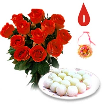 Bunch of 12 Red Roses With 1kg Rasgulla and 1 pc. Rakhi . Please note : Rakhi Design / Basket / Boxes /  Container may be replaced in case of unavailability/out of stock.
