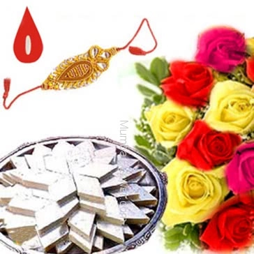 250 gms Pack of Kaju Katli and Bunch 12 Mixed Colour Roses With 1 pc. Rakhi. Please note : Rakhi Design / Basket / Boxes /  Container may be replaced in case of unavailability/out of stock.