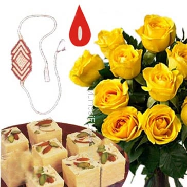 500 gm. Sohnpapri and Bunch of 12 Yellow Roses With 1 pc. Rakhi . Please note : Rakhi Design / Basket / Boxes /  Container may be replaced in case of unavailability/out of stock.
