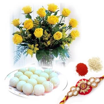 Bunch of 10 yellow/Red Roses and 1 kg. Rasgulla With 1 pc. Rakhi . Please note : Rakhi Design / Basket / Boxes /  Container may be replaced in case of unavailability/out of stock.