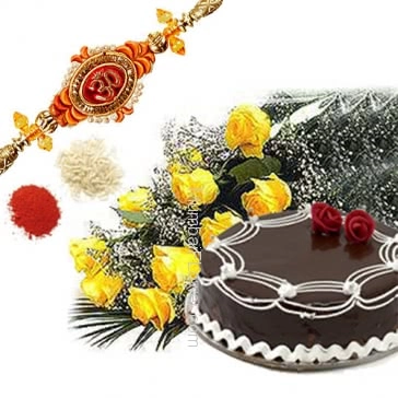 Bunch of 10 yellow Roses with Half kg. Chocolate cake and 1 pc. Rakhi . Please note : Rakhi Design / Basket / Boxes /  Container may be replaced in case of unavailability/out of stock.