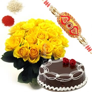Rakhi Package with Yellow Roses With Cake, Bunch of 20 yellow  roses, 1kg egg less Chocolate cake with one  Rakhi & Roli Chawal.  Best Gift for Raksha Bandhan. Please note : Rakhi Design / Basket / Boxes /  Container may be replaced in case of unavailability/out of stock.