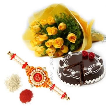 Rakhi Package with Simplicity With Love, Bunch of 12 yellow roses in exclusive yellow paper packing, 1kg  Chocolate Cake with  one Rakhi & Roli Chawal.  Best Gift for Raksha Bandhan. Please note : Rakhi Design / Basket / Boxes /  Container may be replaced in case of unavailability/out of stock.