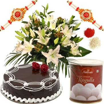 Rakhi Package with Bunch of 10 Lilies, 1kg Chocolate egg less cake, 1kg Rasgulla with two Rakhi & Roli Chawal. Best Gift for Raksha Bandhan. Please note : Rakhi Design / Basket / Boxes /  Container may be replaced in case of unavailability/out of stock.