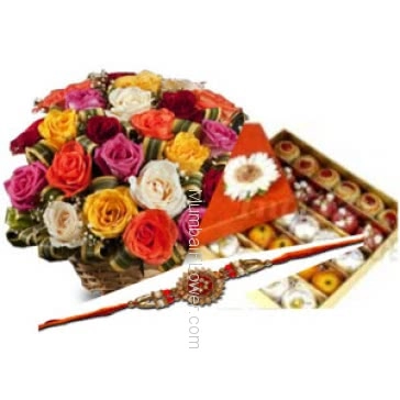 Rakhi with Basket of 25 Mixed Color Roses. Half Kg. Mixed Mithai with 1 Free Rakhi.. Please note : Rakhi Design / Basket / Boxes /  Container may be replaced in case of unavailability/out of stock.