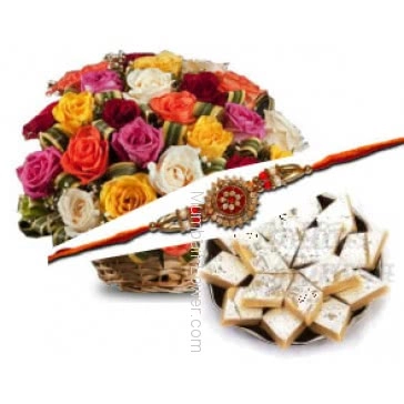Rakhi with Basket of 20 Mixed Color Roses and Half Kg. Kaju Katli with 1 Free Rakhi
. Please note : Rakhi Design / Basket / Boxes /  Container may be replaced in case of unavailability/out of stock.