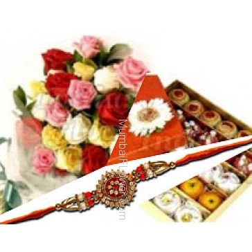 Rakhi with Bunch of 20 Mixed Color Roses and Half Kg. Mixed Mithai Box with 1 Free Rakhi. Please note : Rakhi Design / Basket / Boxes /  Container may be replaced in case of unavailability/out of stock.