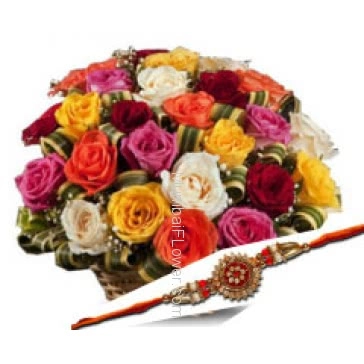 Rakhi with Basket of 30 Mixed Color Roses and 1 Free Rakhi. Please note : Rakhi Design / Basket / Boxes /  Container may be replaced in case of unavailability/out of stock.