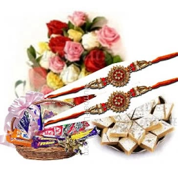 Two Rakhi with 20 Mixed Color Roses and Basket of Chocolates and Half Kg. Kaju Barfi. Please note : Rakhi Design / Basket / Boxes /  Container may be replaced in case of unavailability/out of stock.