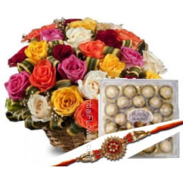 Rakhi with Basket of 30 Mixed Color Roses nicely decorated with fillers and Greens with 24pc Ferrero Rocher Box and 1 Free Rakhi. Please note : Rakhi Design / Basket / Boxes /  Container may be replaced in case of unavailability/out of stock.