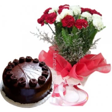 Bunch of 20 Red & white Carnations and Half kg. Chocolate Cake 
