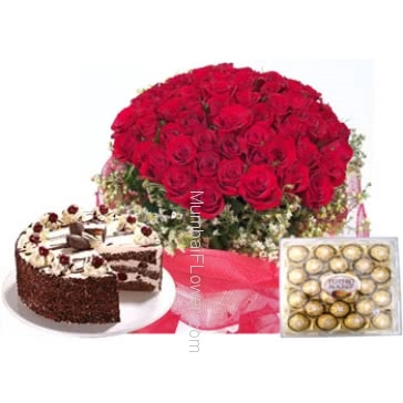 Bunch of 100 Red Roses , 24 Pcs Ferrero rocher Box and Half Kg. Black Forest Cake