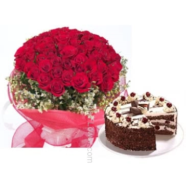 Bunch of 50 Red Roses & Half Kg. Black Forest Cake 