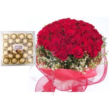 Bunch of 24 Red Roses & 24 pcs Ferrero rocher Box