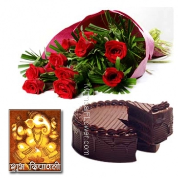 Hamper includes bunch of 10 red roses and 500gm eggless chocolate cake with diwali greeting card.
