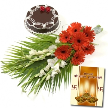Hamper includes bunch of 10 mixed seasonal flowers with 500gm chocolate cake with diwali greeting card.