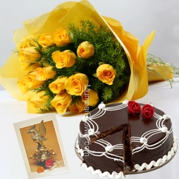 Hamper includes 1kg Eggless Chocolate Cake with bunch of 10 yellow roses and diwali greeting card.