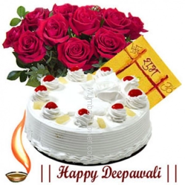 Bunch of 12 roses, half kg pineapple cake and  Diwali Greeting card