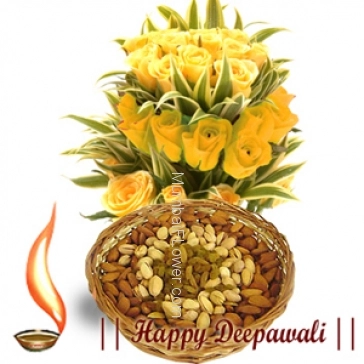 Pack of 500 Gms of Mixed dry fruits with Bunch of 12Yellow Roses.