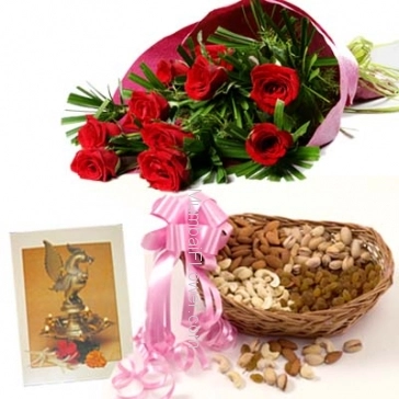 Hamper includes Pack of 500gm dryfruits with bunch of 10 red roses and a Diwali greeting card.