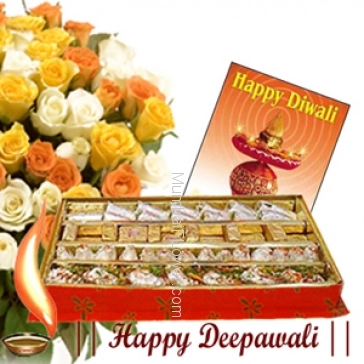 250 gms of Mixed sweets with Bunch of 12 Mixed colored Roses & Deepawali greeting Card.