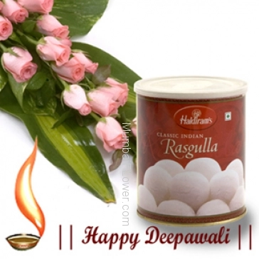 1 Kg Haldiram Rasgulla with Bunch of 10 pink roses.