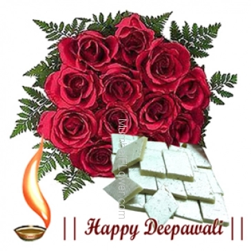 Bunch of 12 Red Roses and pack of 500 Gms kaju Katli.