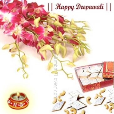 A bunch of 10 purple orchids along with 500gm Kaju Katli along with free decorative diya 