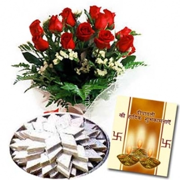 Hamper includes bunch of 10 Red Roses and Pack of 1kg Kaju Katli sweets with Diwali greeting card.