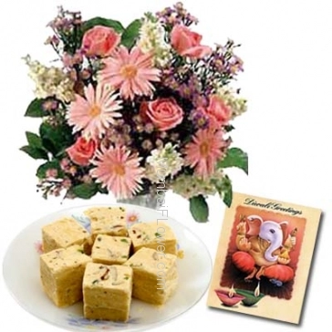 Hamper includes pack of 500gm sone papri sweet with bunch of 10 mixed seasonal flowers and a diwali greeting card.