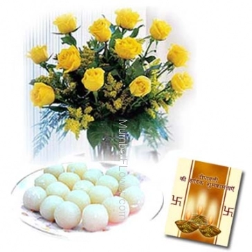 Hamper includes 1kg rasgulla and bunch of 10 yellow roses with diwali greeting card.