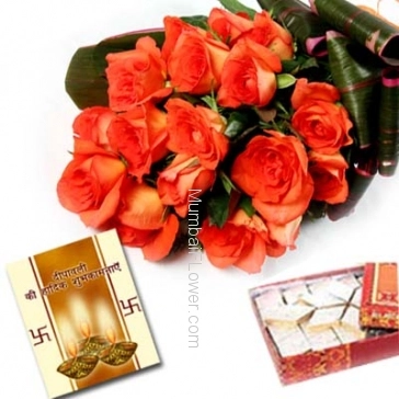 Hamper includes bunch of 10 orange roses and Pack of 250gm Kaju Katli with Diwali greeting card.