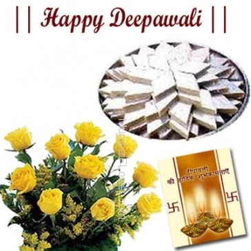 Hamper includes bunch of 10 yellow roses and pack of 500gm kaju katli sweets with Diwali greeting card.