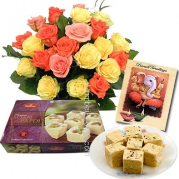 Hamper includes bunch of 10 mixed color roses and 1kg Sone Papri sweets with Diwali greeting card.