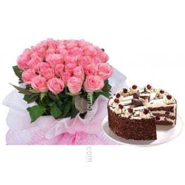 Bunch of 40 Stems of Pink Roses & 1 Kg Black Forest Cake