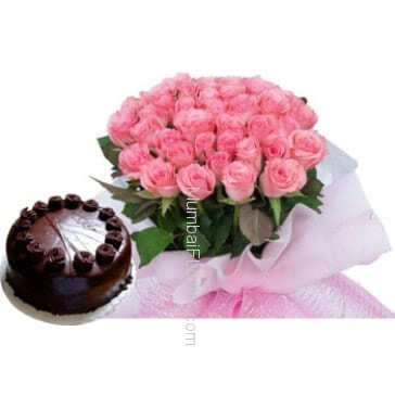 Bunch of 30 Pink Roses and Half Kg Chocolate Cake 