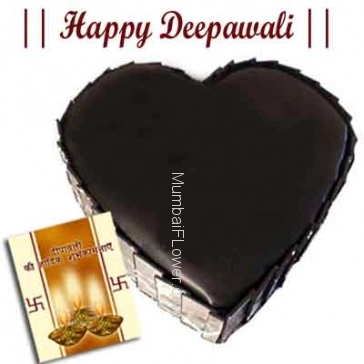1kg eggless heartshape chocolate cake with diwali greeting card.