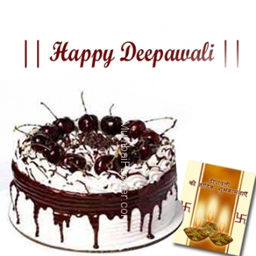 1kg eggless Blackforest cake with diwali greeting card.