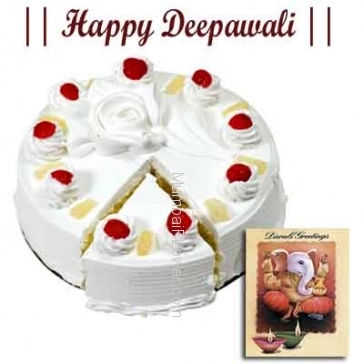 1kg eggless Pineapple cake with diwali greeting card.