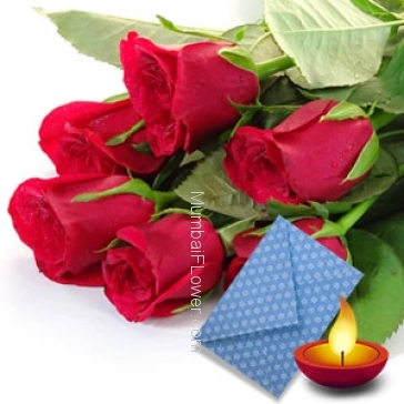 Bunch of 10 red roses nicely wrapped with seasonal fillers and deepawali greeting card.