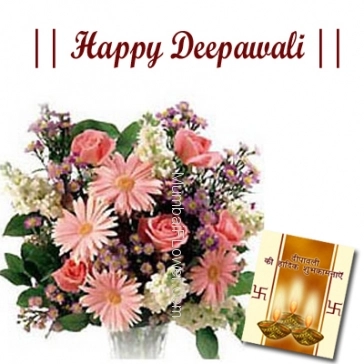 Bunch of 10 mixed seasonal flowers nicely wrapped with seasonal fillers and deepawali greeting card.