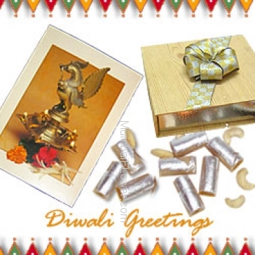 Hamper includes 1kg kaju roll sweets with Diwali greeting card.