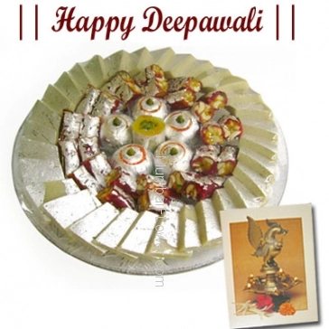 Hamper includes Box of 2kg assorted Kaju Sweets and a diwali greeting card.